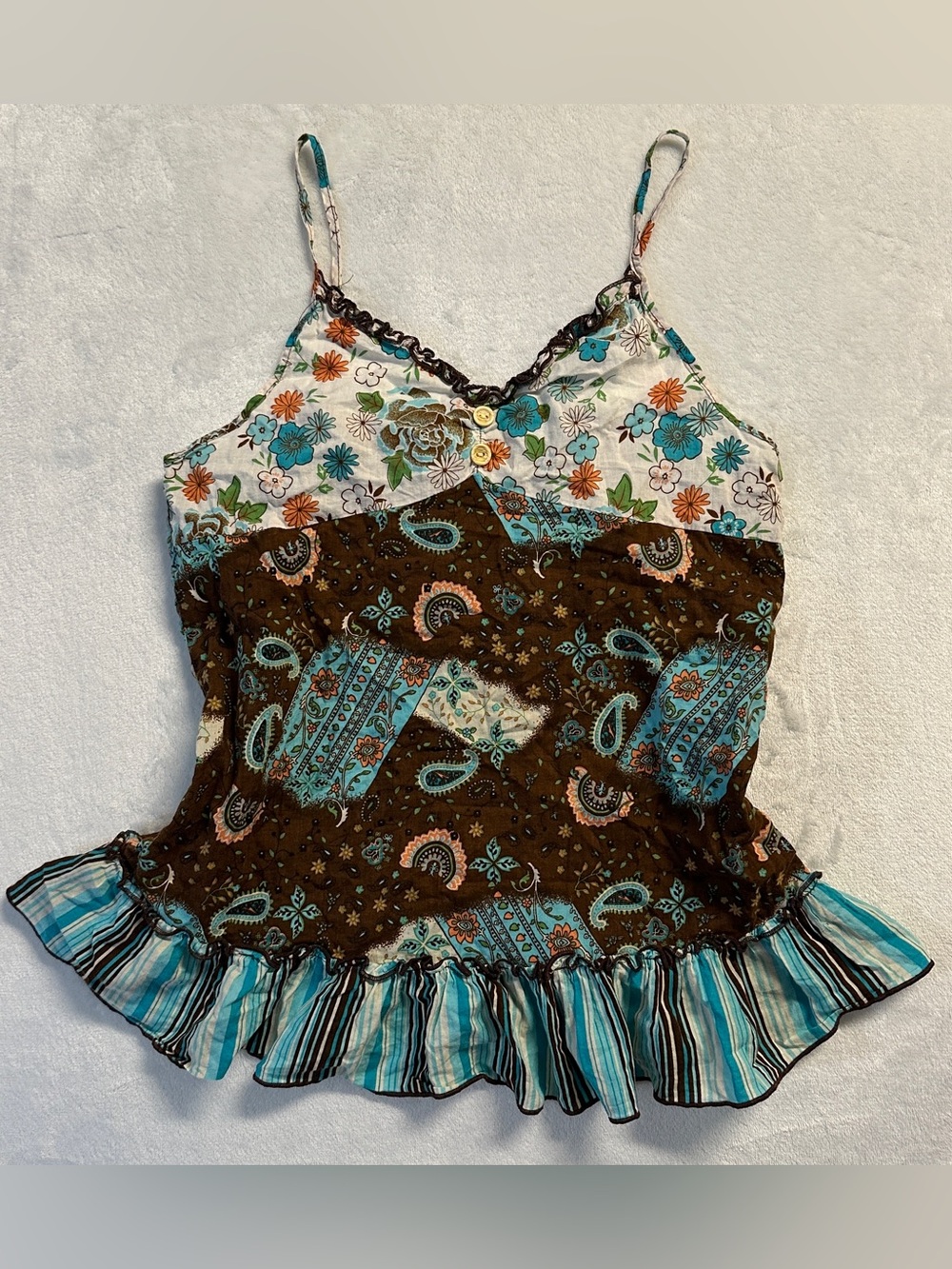 Y2K brown blue multi pattern floral flowy boho tank, XS.